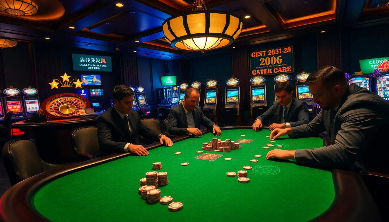 Action-packed casino scene showcasing a poker table with players and promotional displays for 상품권카드.