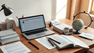 Espace de travail professionnel d'un traducteur assermenté russe, équipé d'outils de traduction et de documents.