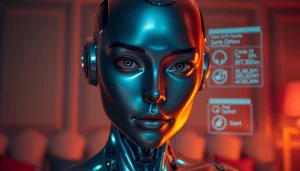 AI sex bot in a luxurious setting with a holographic interface for intimate interactions.