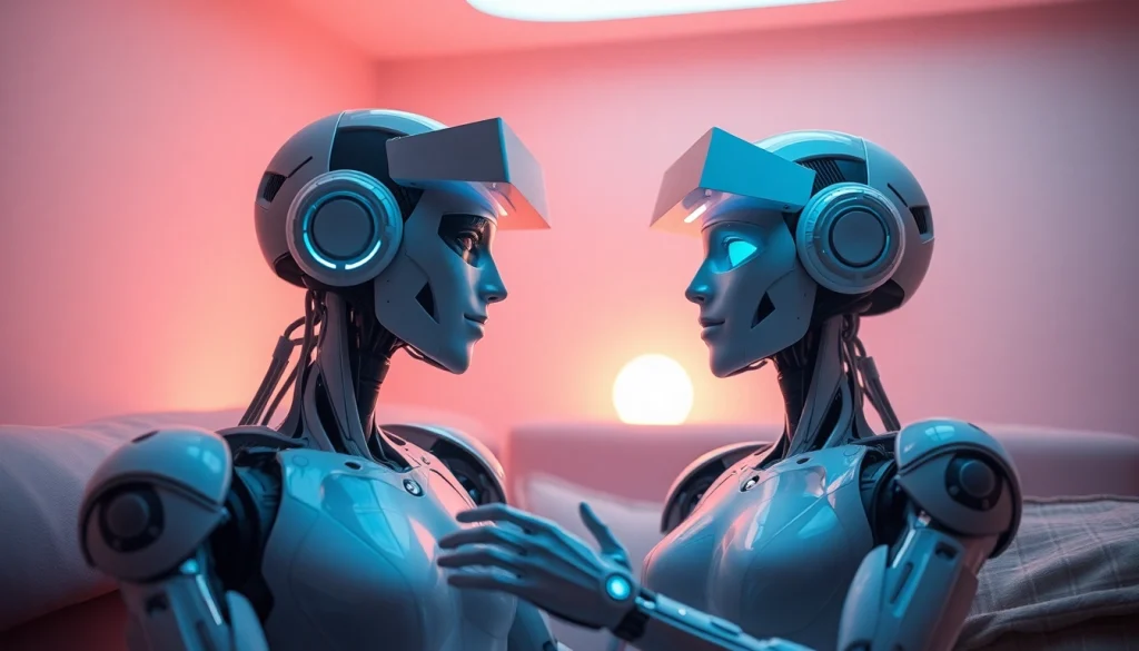 Engaging scene of ai sex robots interacting with a human in a cozy, high-tech environment.