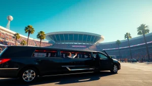 World Cup Group Transportation in a luxury limousine with fans celebrating outside a grand stadium.