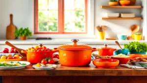 Stylish arrangement of colors in Le Creuset NZ cookware on a rustic table, showcasing vibrant kitchenware.