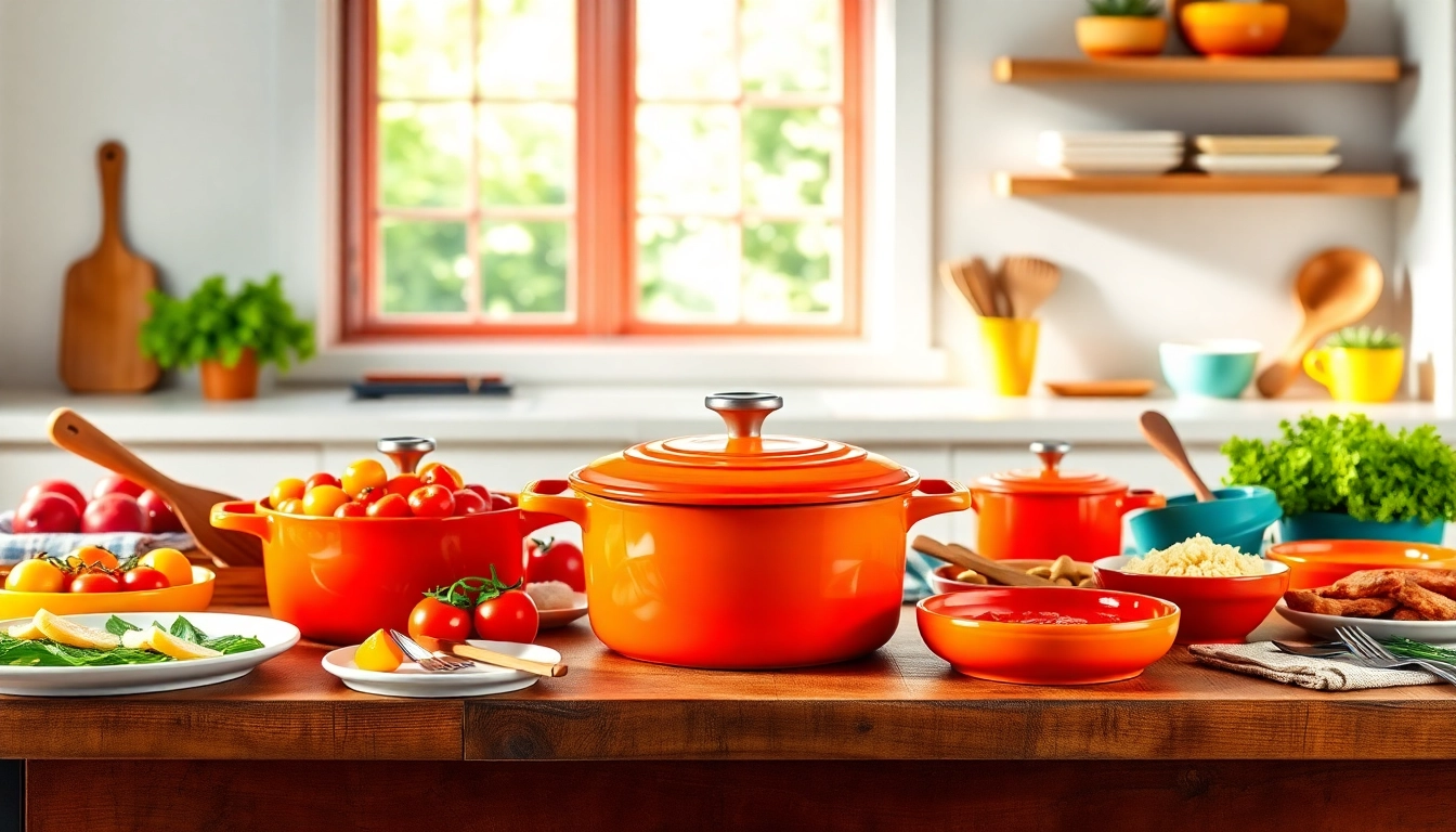 Stylish arrangement of colors in Le Creuset NZ cookware on a rustic table, showcasing vibrant kitchenware.