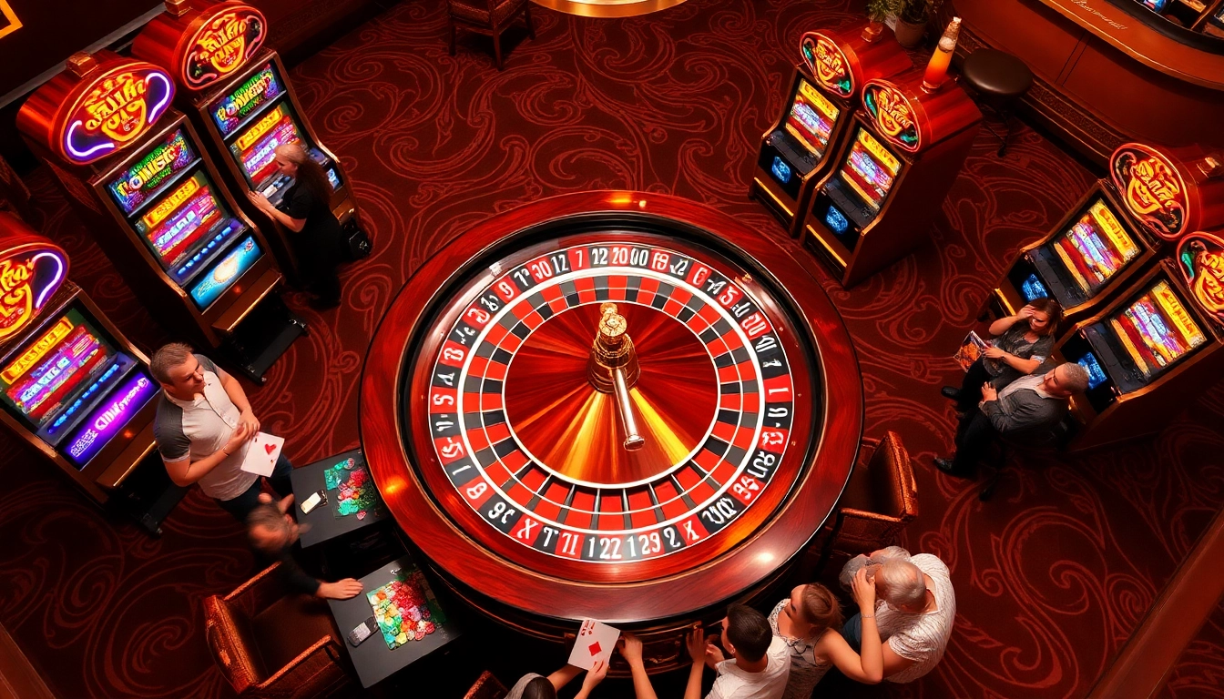 An exciting casino scene with a roulette wheel and vibrant gambling elements, showcasing https://sunwin88.art/ for a thrilling experience.