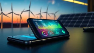 Cloud mining app interface on smartphone showcasing real-time analytics and renewable energy sources.