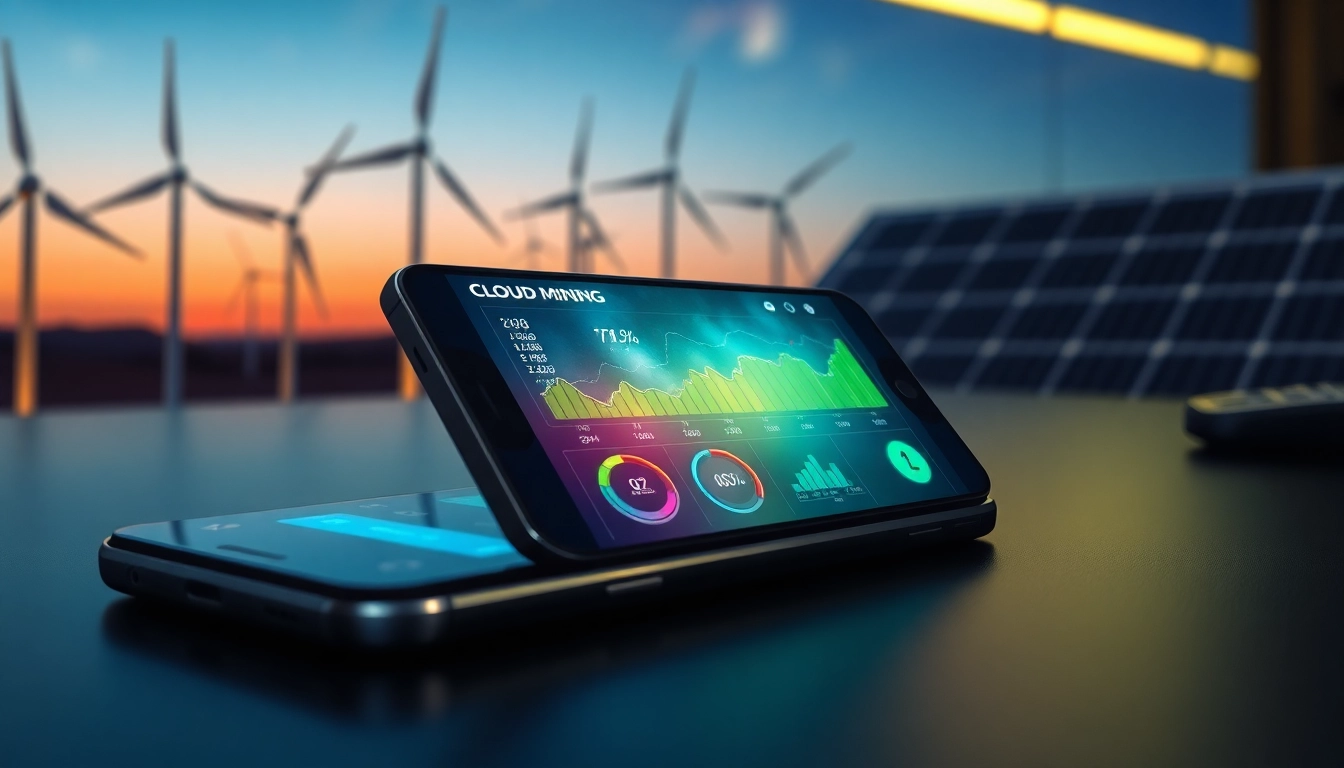 Cloud mining app interface on smartphone showcasing real-time analytics and renewable energy sources.