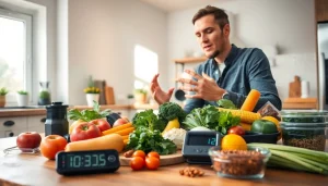 Nutritionist explaining intermittent fasting with fresh ingredients, creating an engaging atmosphere.