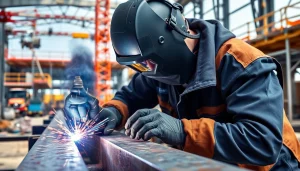 Welder engaged in structural steel welding at a construction site, showcasing precision and skill.