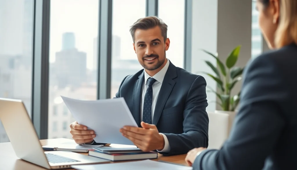 Engaged real estate lawyer guiding clients in a professional office setting.