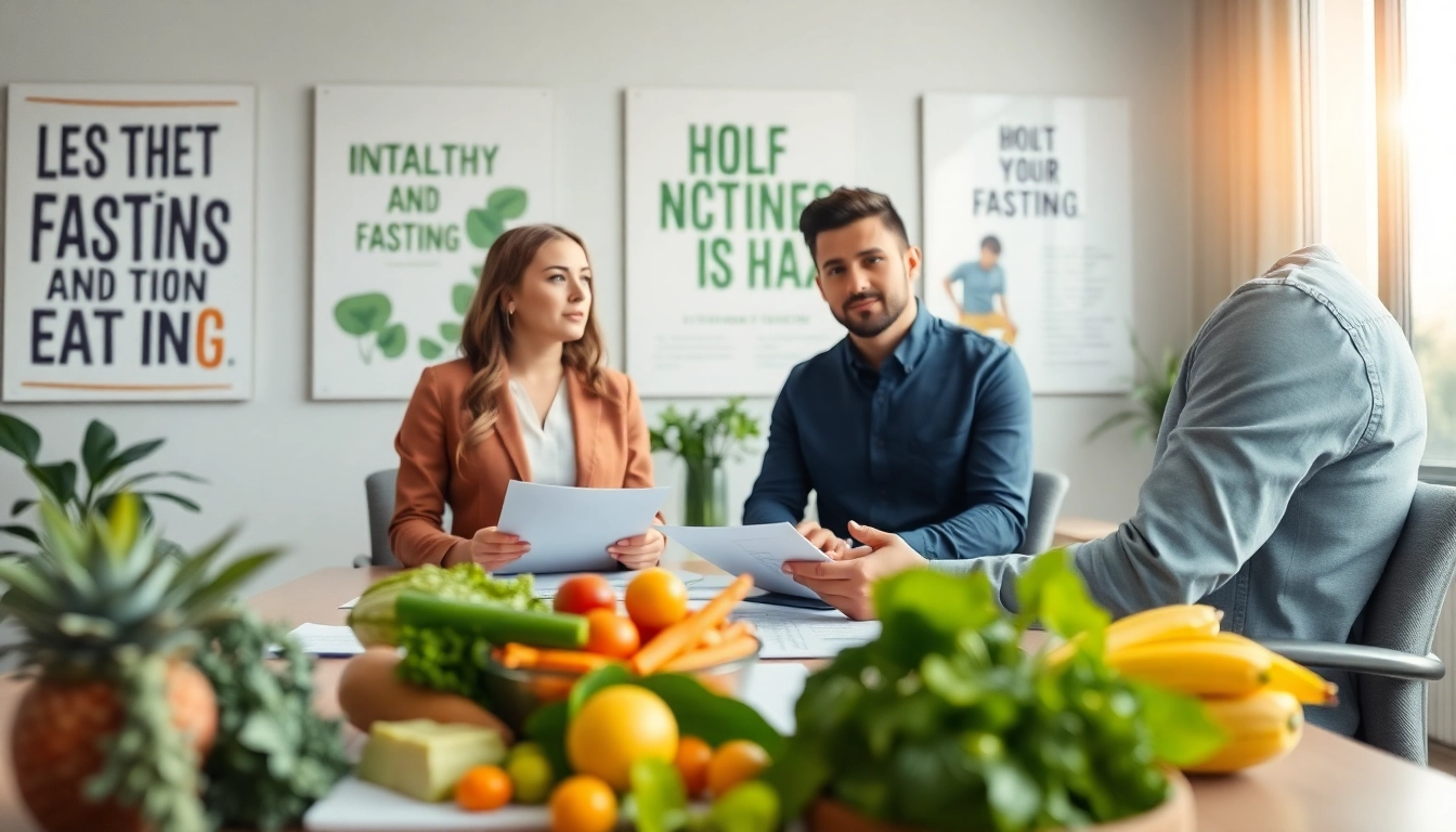 Consultation on intermittent fasting between a nutritionist and client in a bright office.