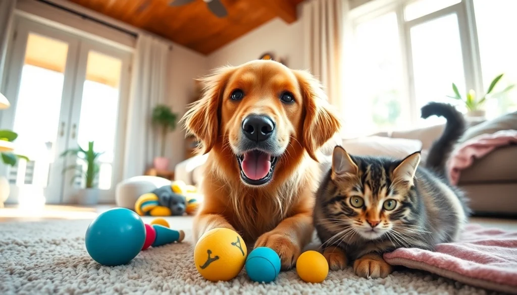 Viral pets ideas showcasing a playful Golden Retriever and cat in a cozy living room.
