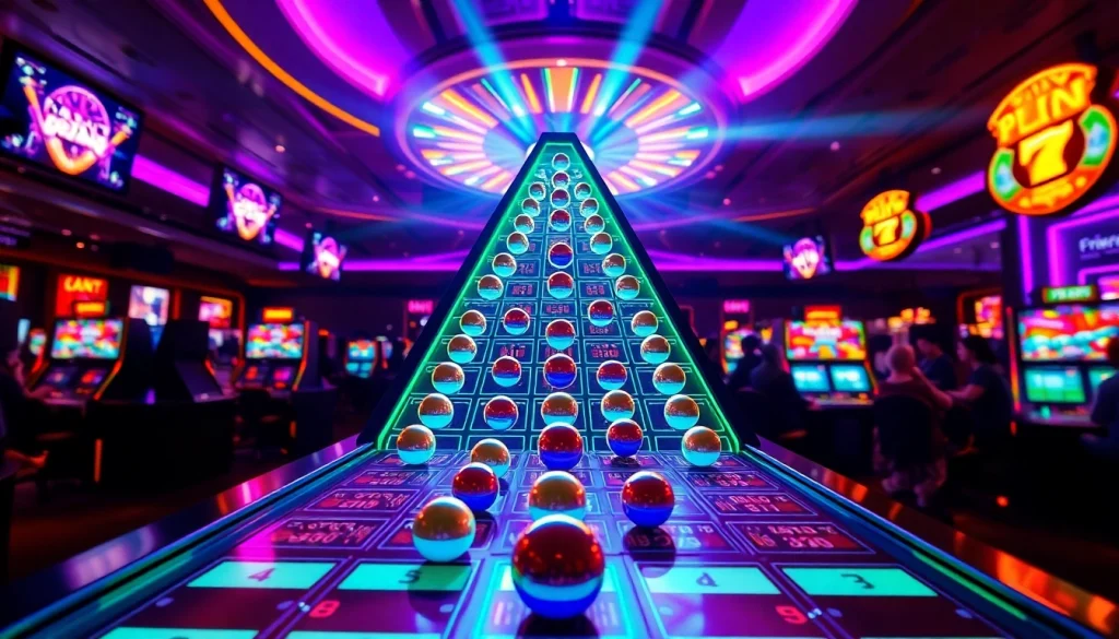 Menangkan plink slot dengan bola jatuh di papan piramida berwarna cerah.