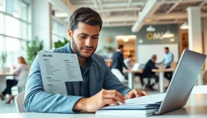 Engaging in a Job Search with a laptop in a modern office setting, showcasing job opportunities.