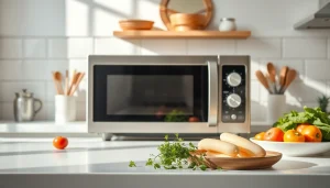 Highlighting the functionalities of a modern microwave oven in a contemporary kitchen setup.