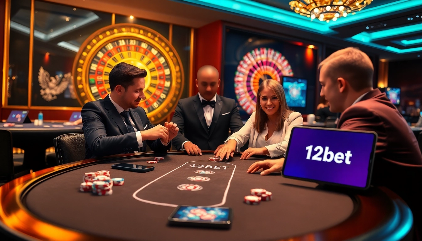 Players enjoying poker at a 12bet casino table, highlighted with vibrant chips and a roulette wheel.