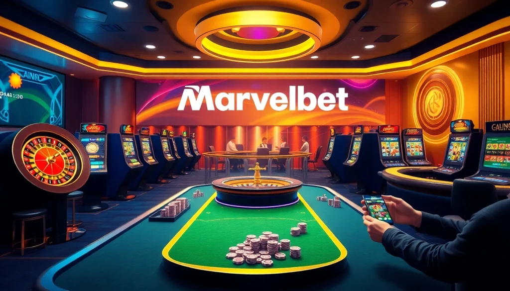 Marvelbet showcases a vibrant online casino scene with poker tables and roulette wheels.