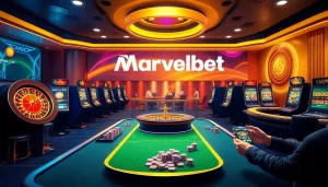 Marvelbet showcases a vibrant online casino scene with poker tables and roulette wheels.