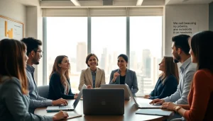 Engaged team collaborating during a business coaching service session in a professional setting