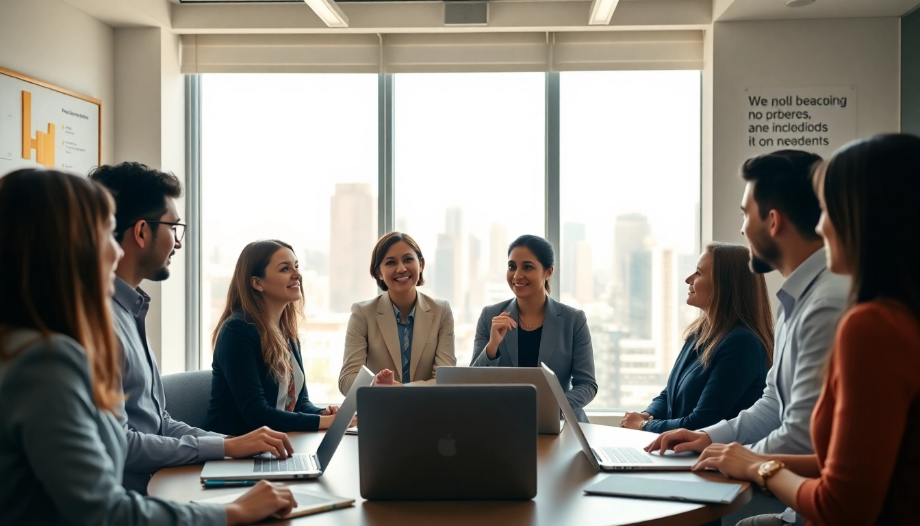 Engaged team collaborating during a business coaching service session in a professional setting