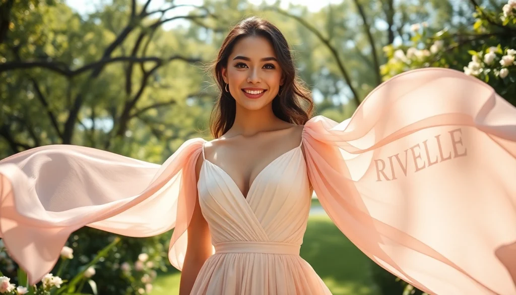 Dress modeled elegantly with Rivelle style, surrounded by lush greenery in a serene garden.