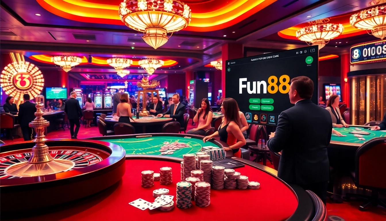 Exciting casino scene showcasing players engaging with the Fun88 link in a vibrant gambling atmosphere.