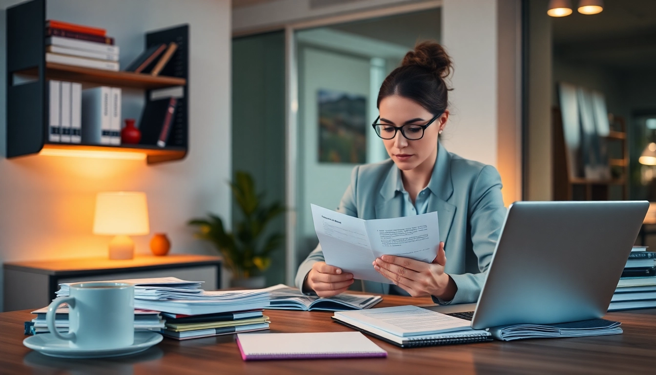 Tłumaczenie przysięgłe scene featuring a professional translator at work in a modern office.