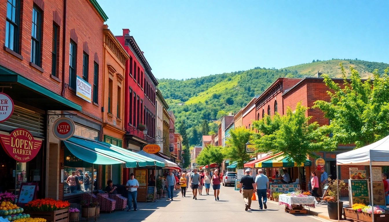 Experience Clarksburg’s vibrant local markets and historic architecture in a bustling street scene.