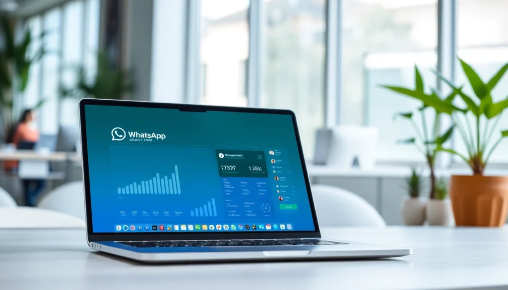 Enhance business operations with WhatsApp Smart CRM on a modern laptop in a dynamic office.