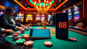 Trải nghiệm cảm giác hồi hộp tại một casino sang trọng với liên kết truy cập W88 được hiển thị trên điện thoại thông minh.