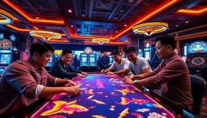 A thrilling scene of players enjoying bắn cá đổi thưởng, featuring vibrant graphics of fish and shooting weapons amidst a lively casino backdrop.