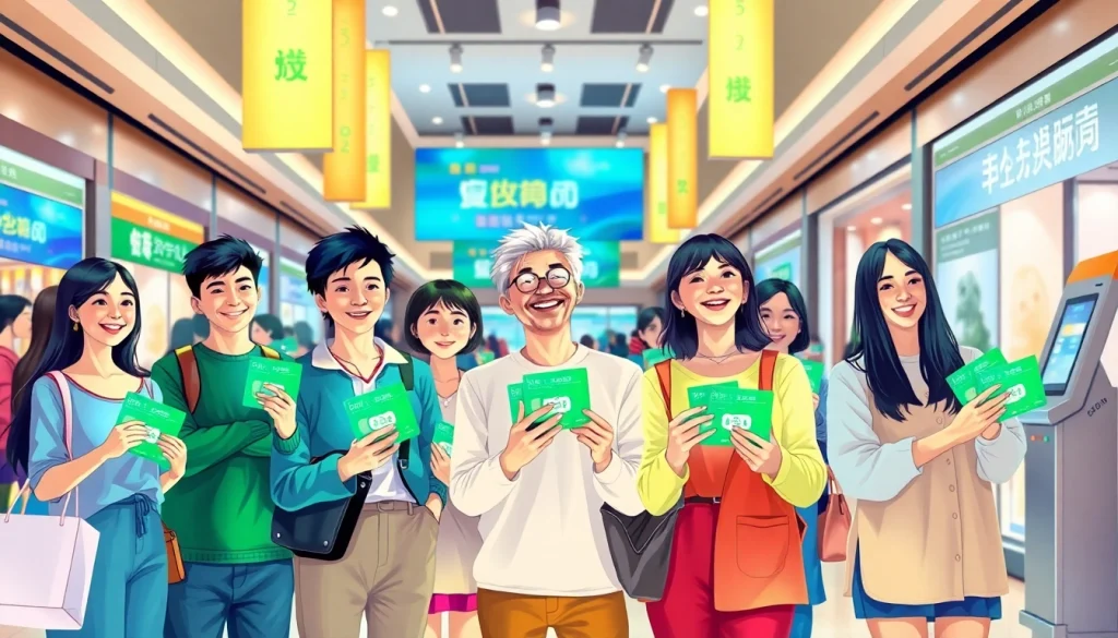 현대식 쇼핑몰에서 상품권카드를 들고 있는 다양한 쇼핑객들로, 흥분과 다양성을 보여주는 모습