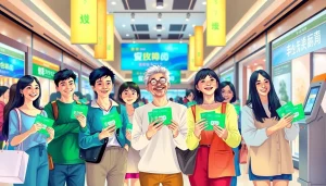 현대식 쇼핑몰에서 상품권카드를 들고 있는 다양한 쇼핑객들로, 흥분과 다양성을 보여주는 모습