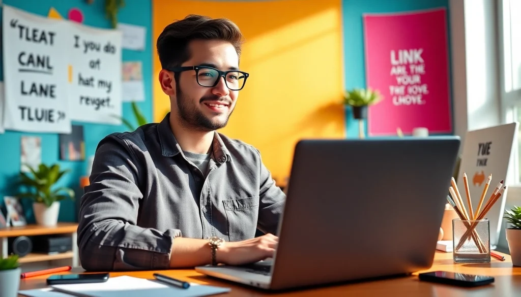 Engaging digital creator utilizing a paid link in bio for creators on a laptop in a vibrant studio.