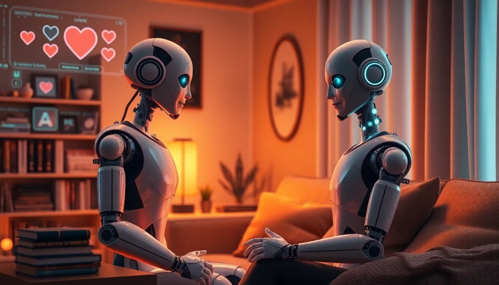 AI sex relationship scene featuring humanoid robot and human in a cozy living room.