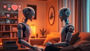 AI sex relationship scene featuring humanoid robot and human in a cozy living room.