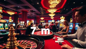Players analyzing 7m betting odds at an elegant casino table with vibrant decor.
