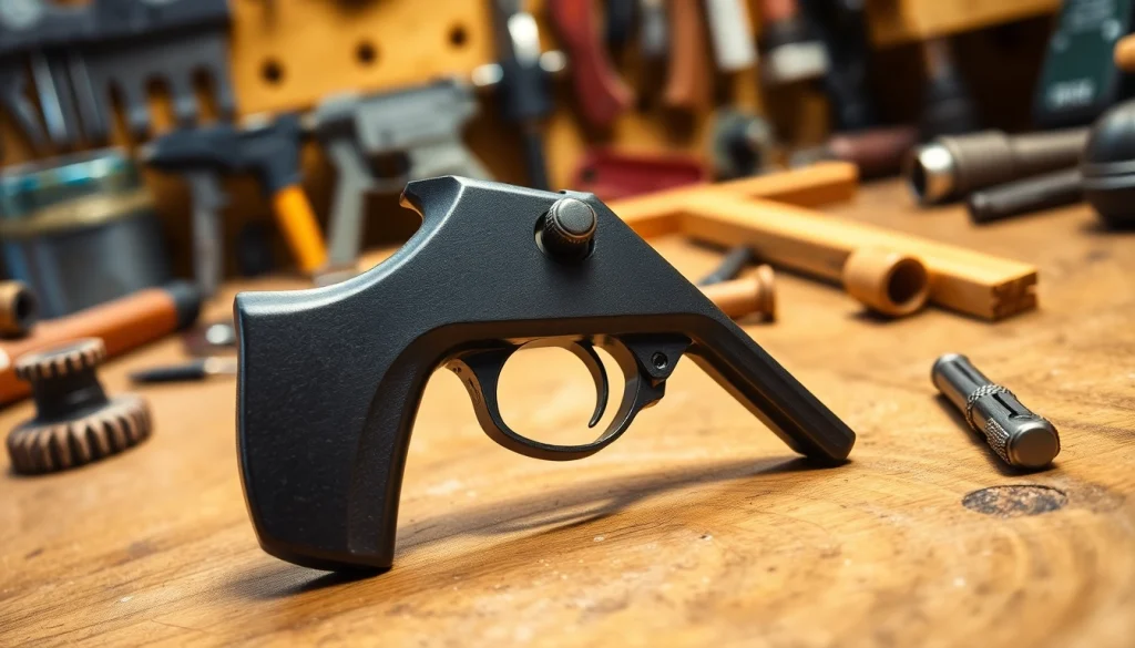 Showcase the Alamo 15 trigger's unique design and ergonomic features on a workshop workbench.