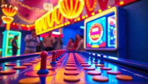 Menggugurkan chip pada papan Plinko yang berwarna-warni di latar belakang karnaval.