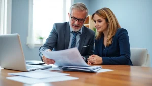 Consulting a homeowner about a public adjuster near me in a professional office setting.