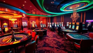 Experience high-energy gambling action with link 188bet as players engage with slot machines and poker tables.