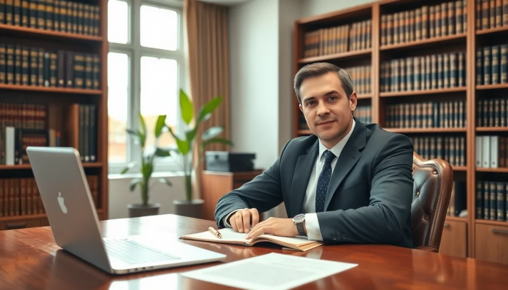 Engaged real estate lawyer consulting clients in an inviting office.