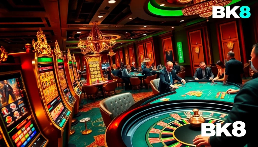 Experience thrilling gaming action at BK8 casino with vibrant slot machines and poker tables.