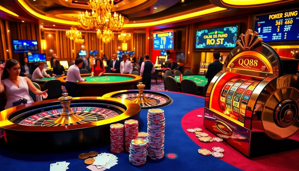 Exciting casino scene highlighting QQ88's roulette and poker experiences with busy players.