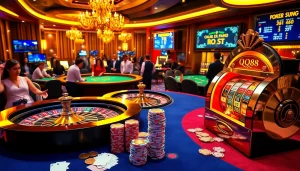 Exciting casino scene highlighting QQ88's roulette and poker experiences with busy players.