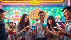 Người chơi đang tận hưởng trải nghiệm chơi Saowin Club trên thiết bị di động, nổi bật yếu tố cộng đồng và sự phấn khích.