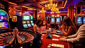 Enjoying a mobile porn game at a luxurious casino with roulette and slot machines.