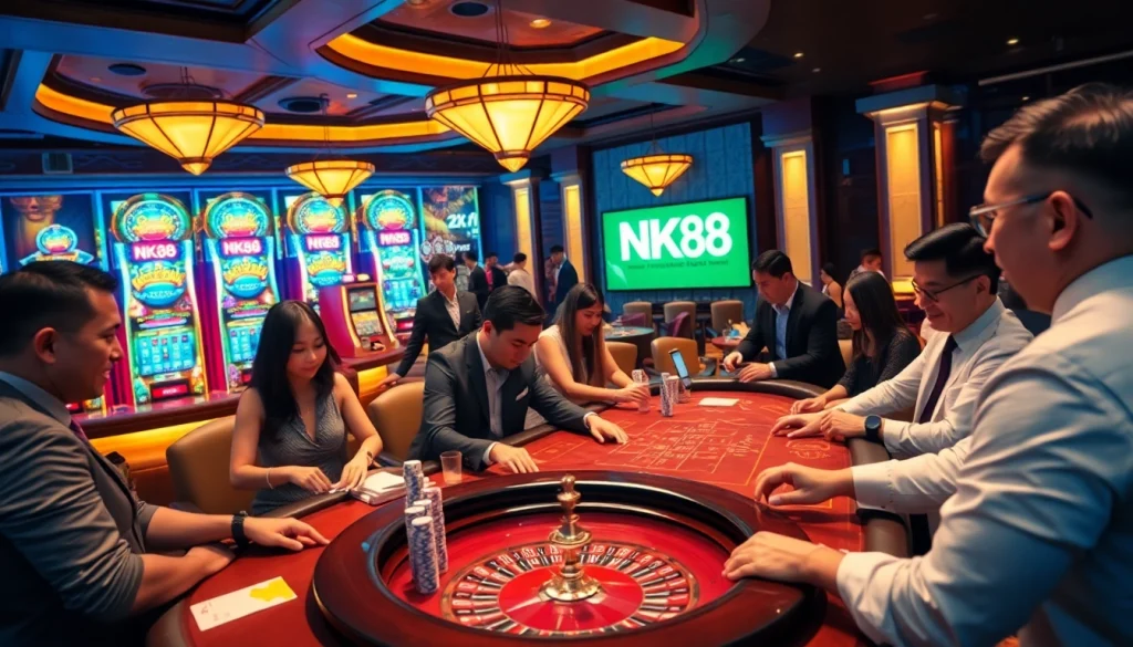 Excited players enjoying various games at NK88 casino, showcasing vibrant tables and slot machines.
