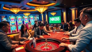 Excited players enjoying various games at NK88 casino, showcasing vibrant tables and slot machines.