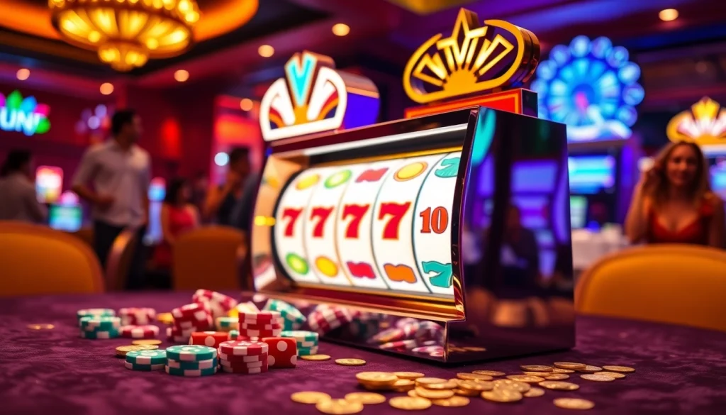 Rasakan kegembiraan bermain slot deposit pulsa tanpa potongan di kasino yang hidup dengan mesin slot berwarna-warni.