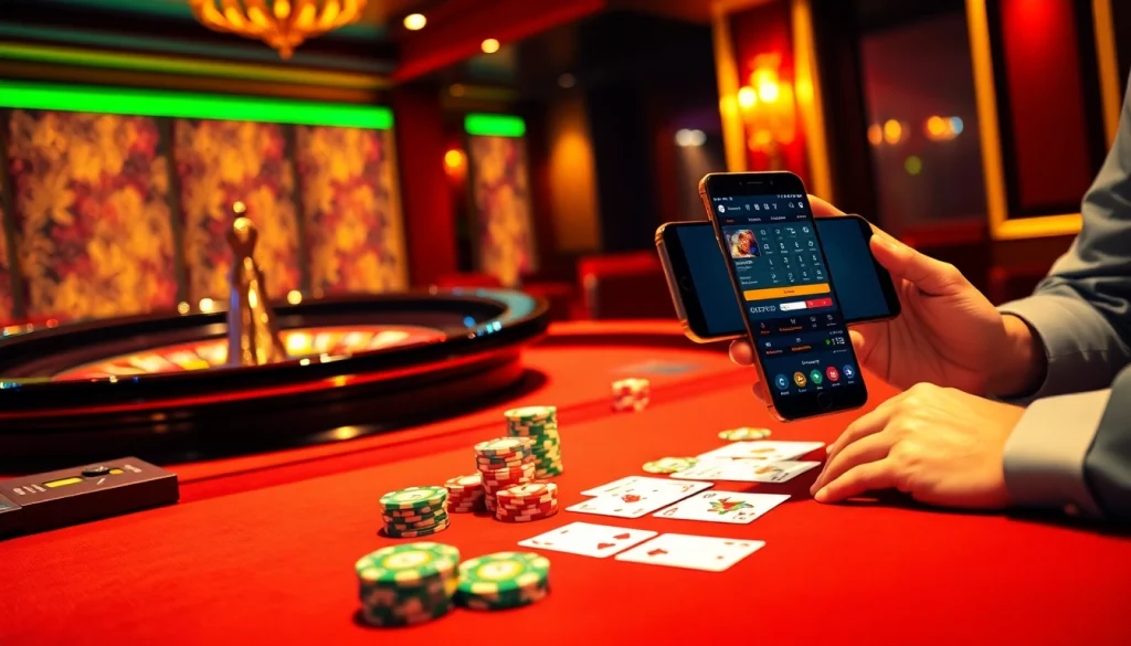 Sbobet login on mobile device featured in a thrilling casino atmosphere with poker chips and roulette wheel.